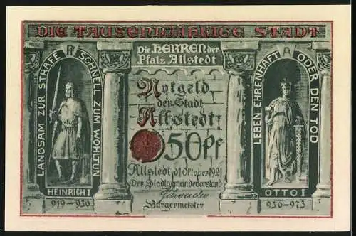 Notgeld Allstedt 1921, 50 Pfennig, Sachsenburg Kyffhäuser Schloss und Herrscherfiguren Heinrich und Otto