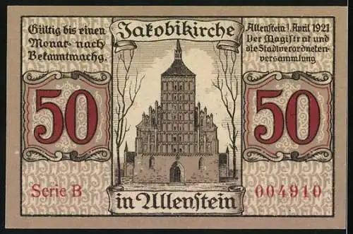 Notgeld Allenstein, 1921, 50 Pfennig, Gründung der Stadt und Jakobikirche in Allenstein, Serie B