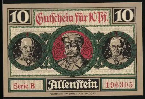 Notgeld Allenstein, 1921, 10 Pf, Drei Portraits und Bäckerszene vor Ofen