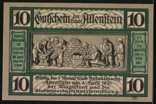 Notgeld Allenstein, 1921, 10 Pf, Drei Portraits und Bäckerszene vor Ofen