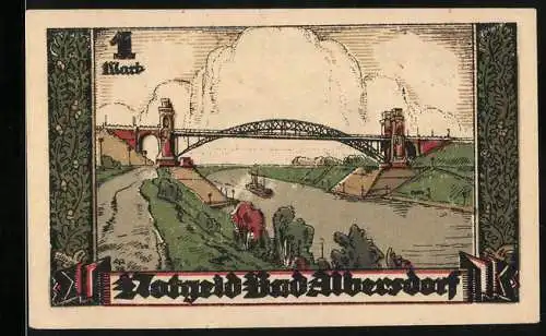 Notgeld Bad Albersdorf, 1 Mark, Brücke und Wappen mit Reiter