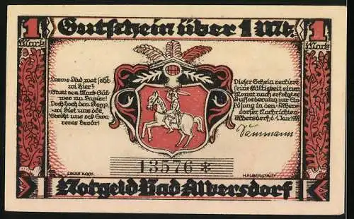 Notgeld Bad Albersdorf, 1 Mark, Brücke und Wappen mit Reiter