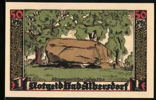 Notgeld Bad Albersdorf, 50 Pfennig, Abbildung eines grossen Steins und eines Wappens mit Reiter