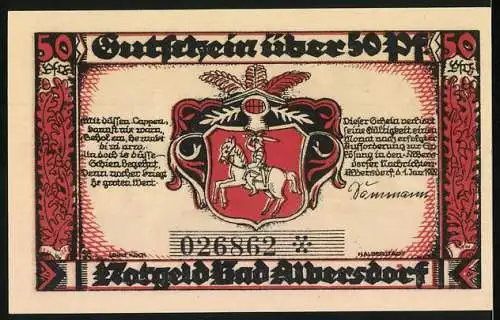 Notgeld Bad Albersdorf, 50 Pfennig, Abbildung eines grossen Steins und eines Wappens mit Reiter