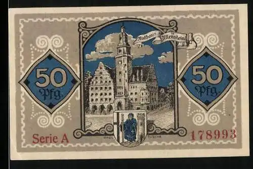Notgeld Allenstein, 1921, 50 Pfennig, Rathaus Allenstein und Wappen, Serie A
