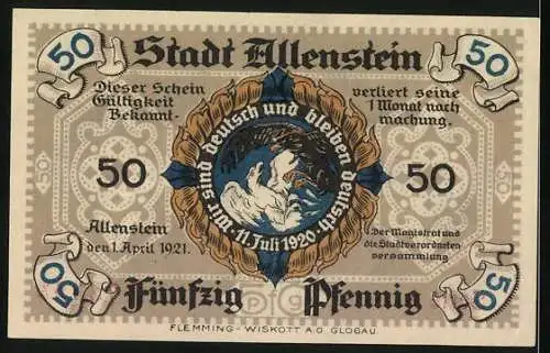 Notgeld Allenstein, 1921, 50 Pfennig, Rathaus Allenstein und Wappen, Serie A