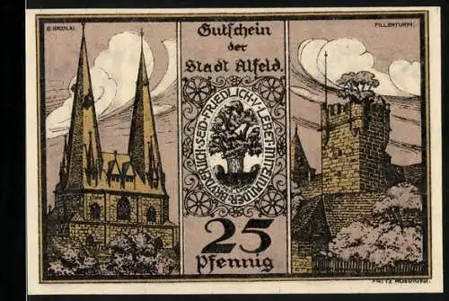 Notgeld Alfeld / Leine, 1921, 25 Pfennig, Abbildung St. Nicolai Kirche und Füllesturm, Rückseite Bischof und Siegel