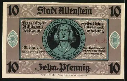 Notgeld Allenstein, 1921, 10 Pfennig, Schloss Allenstein und Nikolaus Kopernikus Portrait