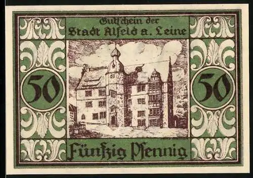 Notgeld Alfeld an der Leine 1921, 50 Pfennig, Stadtansicht mit Gebäude und Wappen mit Bischof