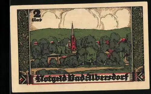 Notgeld Bad Albersdorf, 2 Mark, Landschaft mit Kirche und Reiter auf Wappen