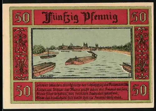 Notgeld Aken / Elbe, 1921, 50 Pfennig, Flussszene und Stadtwappen