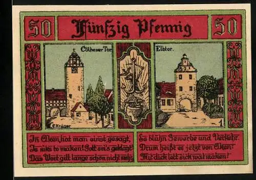 Notgeld Aken / Elbe, 1921, 50 Pfennig, Östener Tor und Elbtor, Stadtwappen, gültig 3 Monate nach Bekanntmachung