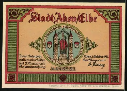 Notgeld Aken / Elbe, 1921, 50 Pfennig, Östener Tor und Elbtor, Stadtwappen, gültig 3 Monate nach Bekanntmachung