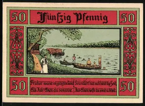 Notgeld Aken / Elbe, 1921, 50 Pfennig, Badende im Fluss und Stadtwappen