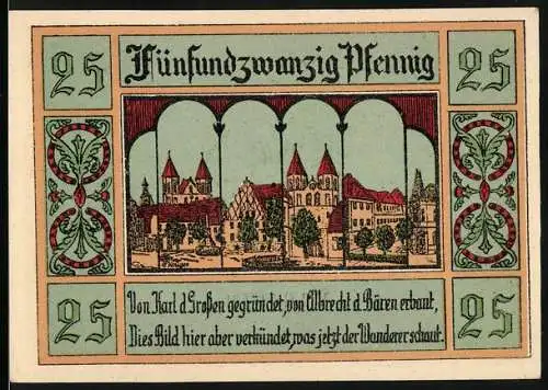 Notgeld Aken / Elbe, 1921, 25 Pfennig, Historische Stadtansicht mit Text und Stadtwappen