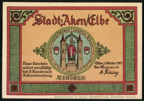 Notgeld Aken / Elbe, 1921, 25 Pfennig, Historische Stadtansicht mit Text und Stadtwappen