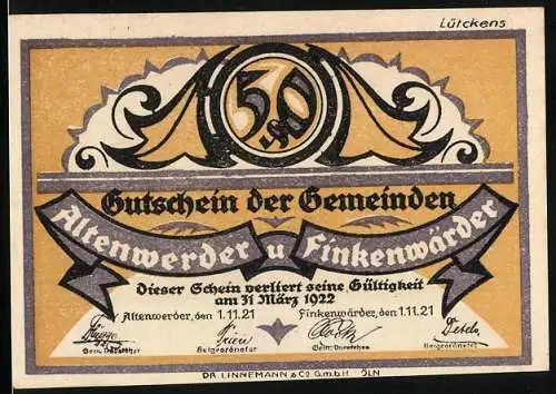 Notgeld Altenwerder 1921, 50 Pfennig, Gutschein der Gemeinden mit Monster und Spruch