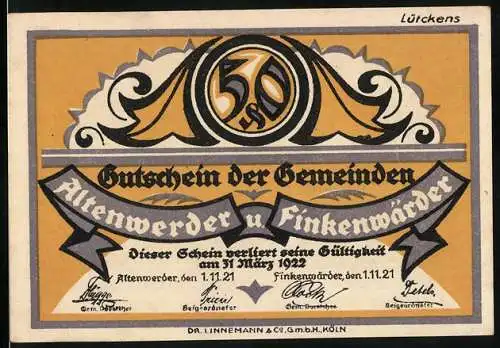 Notgeld Altenwerder 1921, 50 Pfennig, Gutschein der Gemeinden, Frosch mit Milchflasche und Obst