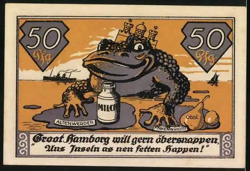 Notgeld Altenwerder 1921, 50 Pfennig, Gutschein der Gemeinden, Frosch mit Milchflasche und Obst