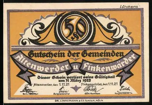 Notgeld Altenwerder 1921, 50 Pfennig, Gutschein der Gemeinden mit Hafenmotiv und Spruch, Hamburg