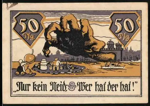 Notgeld Altenwerder 1921, 50 Pfennig, Hand greift nach Stadt, Aufschrift Nur kein Neid: Wer hat ...