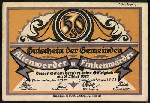 Notgeld Altenwerder 1921, 50 Pfennig, Hand greift nach Stadt, Aufschrift Nur kein Neid: Wer hat ...