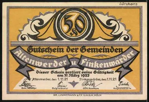 Notgeld Altenwerder 1921, 50 Pfennig, Portrait und Landschaft, Gültigkeit bis 31. März 1922