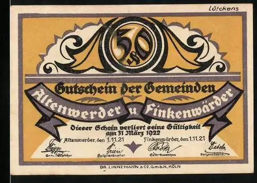 Notgeld Altenwerder 1921, 50 Pfennig, Gutschein der Gemeinden mit Hafenmotiv und Milchmann