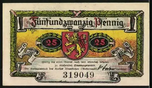 Notgeld Altenkirchen / Westerwald 1921, 25 Pfennig, Schloss Friedewald und Wappen mit Löwe