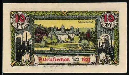 Notgeld Altenkirchen Westerwald 1921, 10 Pf, Vorderseite Schloss Crottorf, Rückseite Wappen mit rotem Löwen