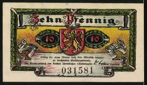 Notgeld Altenkirchen Westerwald 1921, 10 Pf, Vorderseite Schloss Crottorf, Rückseite Wappen mit rotem Löwen