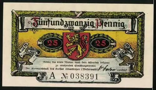 Notgeld Altenkirchen / Westerwald 1921, 25 Pfennig, Schloss Friedewald und Wappen mit Löwe