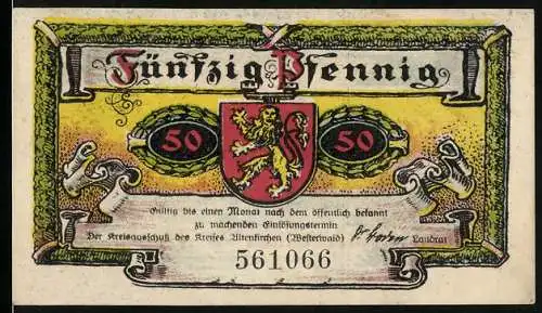 Notgeld Altenkirchen / Westerwald 1921, 50 Pfennig, mit Wappen und Arbeiter bei der Feldarbeit