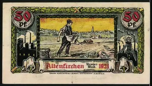 Notgeld Altenkirchen / Westerwald 1921, 50 Pfennig, mit Wappen und Arbeiter bei der Feldarbeit