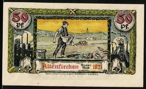 Notgeld Altenkirchen (Westerwald) 1921, 50 Pf, Arbeiter und Wappen mit Löwe