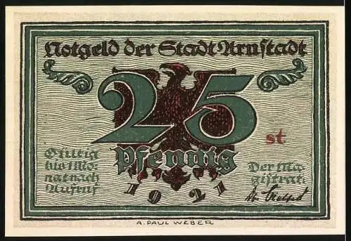 Notgeld Arnstadt, 1921, 25 Pfennig, Rathaus und Stadtwappen