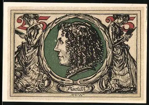 Notgeld Arnstadt, 1921, 25 Pfennig, Porträt von Marlitt und Adler-Design