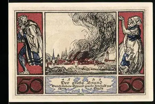 Notgeld Arnstadt 1921, 50 Pfennig, Der grosse Brand 1581 und Stadtansicht mit Adler