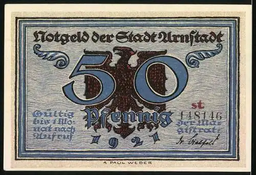 Notgeld Arnstadt 1921, 50 Pfennig, Der grosse Brand 1581 und Stadtansicht mit Adler