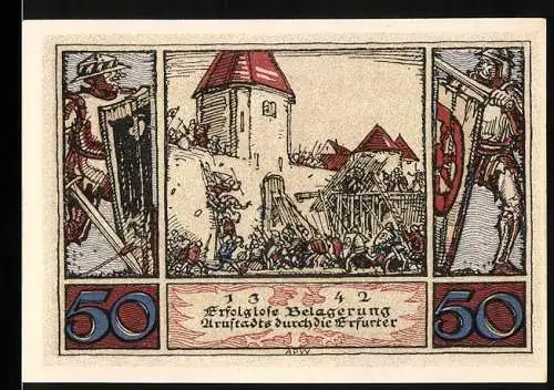 Notgeld Arnstadt, 1921, 50 Pfennig, Erfolgloses Belagerung Arnstadts durch die Erfurter, Wappen und Seriennummer L3643