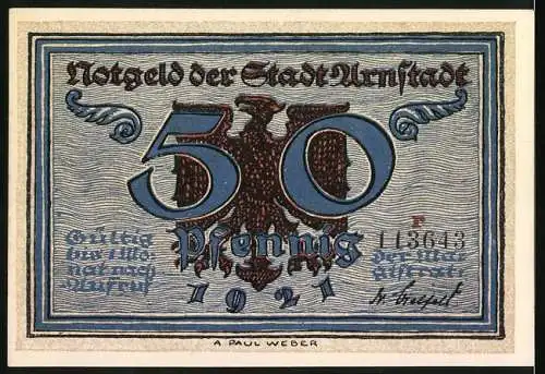 Notgeld Arnstadt, 1921, 50 Pfennig, Erfolgloses Belagerung Arnstadts durch die Erfurter, Wappen und Seriennummer L3643