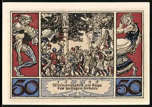 Notgeld Arnstadt, 1921, 50 Pfennig, Weinerntefest am Tage des heiligen Urban, Adler und Stadtwappen