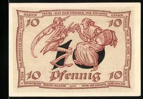 Notgeld Arnstadt 1921, 10 Pfennig, Illustration einer Frau und eines Vogels, Adlerwappen auf Rückseite