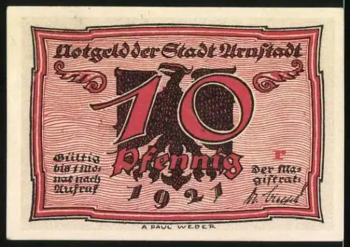 Notgeld Arnstadt 1921, 10 Pfennig, Illustration einer Frau und eines Vogels, Adlerwappen auf Rückseite