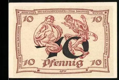 Notgeld Arnstadt 1921, 10 Pfennig, Illustration von tanzenden Figuren und Adler, gültig ab 1. Mai 1921
