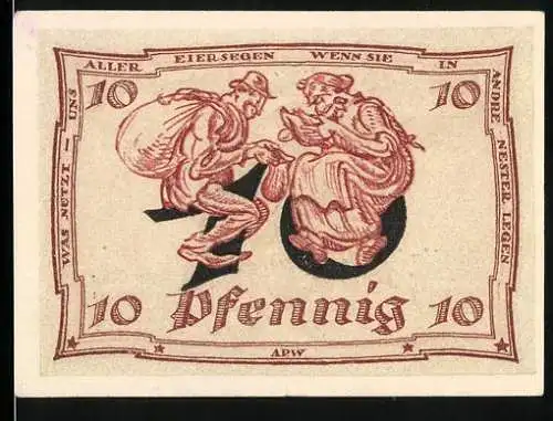 Notgeld Arnstadt 1921, 10 Pfennig, Eiersammeln, Adler und Schriftzüge auf rotem Hintergrund