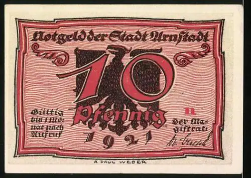 Notgeld Arnstadt 1921, 10 Pfennig, Eiersammeln, Adler und Schriftzüge auf rotem Hintergrund