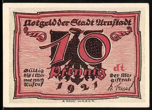 Notgeld Arnstadt 1921, 10 Pfennig, mit Adler und Mann der gefüttert wird