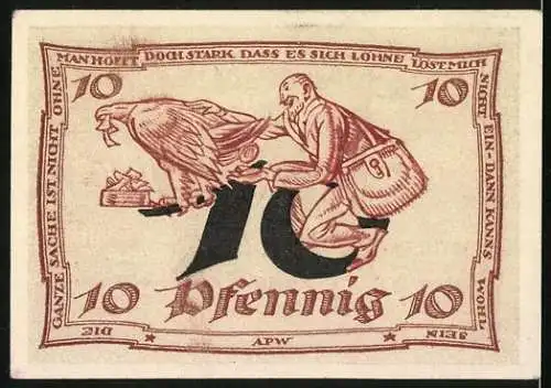 Notgeld Arnstadt 1921, 10 Pfennig, mit Adler und Mann der gefüttert wird