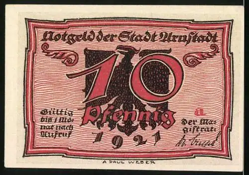 Notgeld Arnstadt 1921, 10 Pfennig, zwei Frauen mit Gegenständen auf der Vorderseite, Adler und Jahreszahl